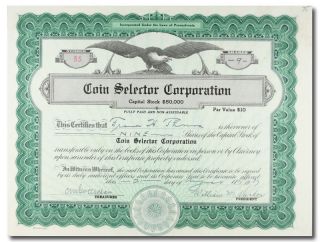 S606 Coin Selector Corporation 1937 Stock Certificate Green photo