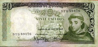 Portugal 20 Escudos 1964 P - 167 Vf Serie Dtd Circulated Banknote photo