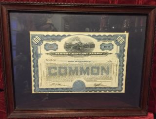 Framed Vintage $100 Stock Certificate,  Western Maryland Railway Company,  1952 photo