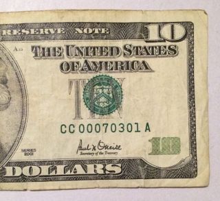 Low Serial Number,  2001 $10 Dollars Frn photo