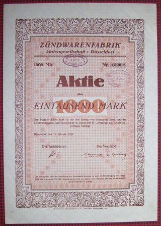 Germany 1922 Bond Certificate - 1000 Mark - Zundwarenfabriken Dusseldorf.  A79 photo
