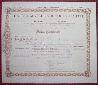 Gb England 1933 Bond Certificate Union Match Industries Limited. .  A76 photo