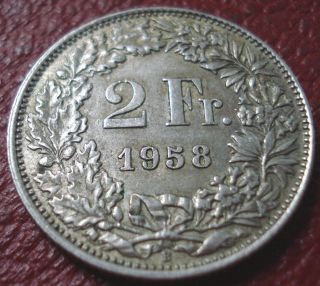 1958 - B Switzerland 2 Francs In Ef (. 835 Silver) photo