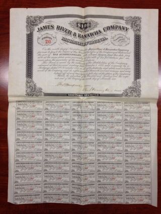 James River Kanawha Canal Co.  $100 Mortgage Bond Certificate 1870 Va Wv Munford photo