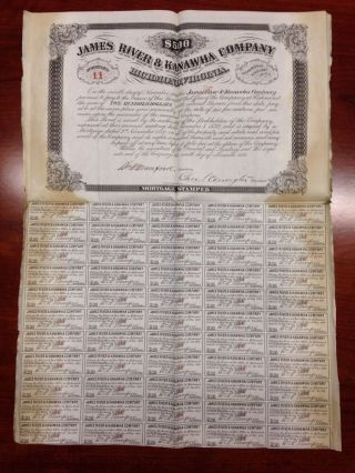 1870 James River Kanawha Canal Co $500 Stock Certificate Mortgage Munford Va Wv photo