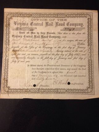 Rare Stock Certificate Virginia Central Railroad Co 1867 Issued E.  Fontaine photo