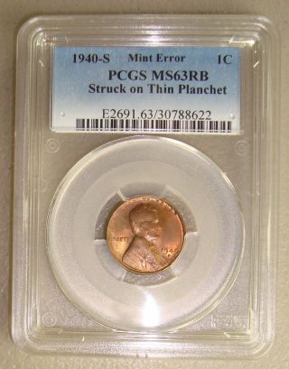 1940 - S Lincoln Wheat Cent Struck On A Thin Planchet Error Pcgs Ms63rb photo