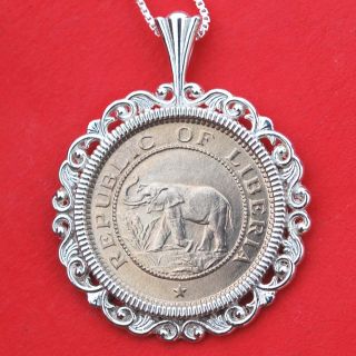 Liberia 1941 1/2 Cent Bu Unc Elephant Coin Solid Sterling Silver Necklace photo