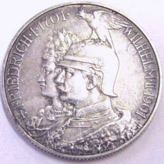 Rare 1901 Prussian Silver Coin (200 Yrs Monarchy) Emperor In Eagle Helmet Vf - Xf photo