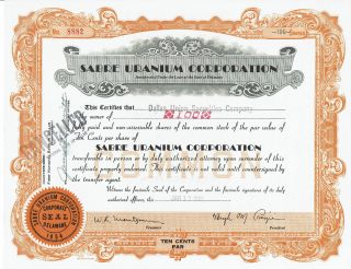 Sabre Uranium Corporation Stock Certificate Dated Jan 13,  1955 - Shape photo