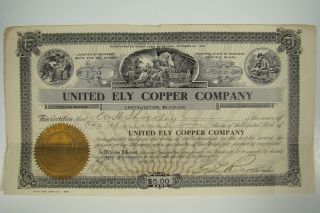 United Ely Copper Company No 172 Stock Certificate To W.  H.  Shockley 1906 photo
