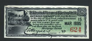 $25 Gold Coin St Louis Alton Springfield Railroad Co 1895 Usa Old Green Rr Bill photo