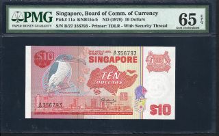 Singapore Nd (1979) P - 11a Pmg Gem Unc 65 Epq 10 Dollars - With Security Thread - photo