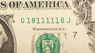 2009 $1 Dollar Binary Fancy Serial G 1 8 1 1 1 1 1 8 J - Circulated Banknote photo