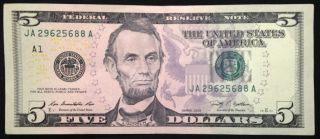 2009 $5 Five Dollar Bill,  About Uncirculated Us Currency Note,  Frb A Boston photo