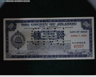 1933 Three Dollar Atlantic County Scrip Signed By Enoch Johnson (67 - 122) photo