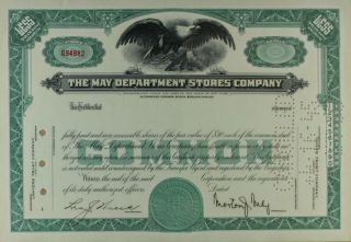 S729 May Department Stores Company Stock Certificate Unissued Green photo