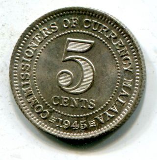 Malaya 1945 Five Cents Silver,  Km 3a,  Choice Unc photo
