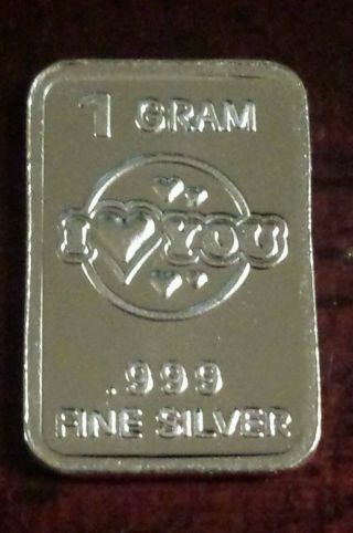 1 Gram Pure.  999 Fine Silver I Love You Bar Round photo