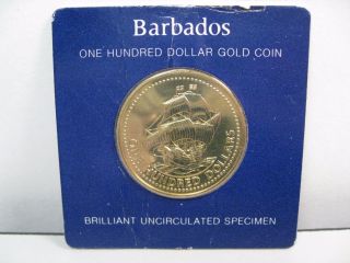 1975 Barbados 350th Anniv Gold Bu $100 One Hundred Dollar Coin.  Agw.  0998 Tr.  2 photo