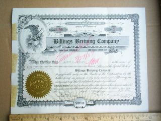 Vintage 1945 Billings Brewing Co.  Stock Certificate (yellowstone,  Montana,  Beer) photo