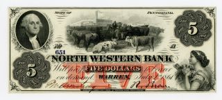 1861 $5 The North Western Bank - Warren,  Pennsylvania Note Civil War Era Unc photo