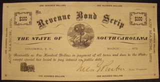 1872 State Of South Carolina $100.  00 Revenue Bond Scrip Note. photo