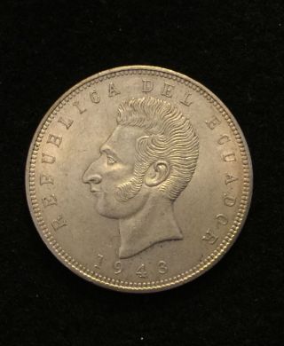 1943 Ecuador Cinco 5 Sucres.  72 Silver Coin World Coin Currency photo