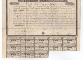 1861 $50 The Confederate States Of America War Bond W/ 13 Coupons photo