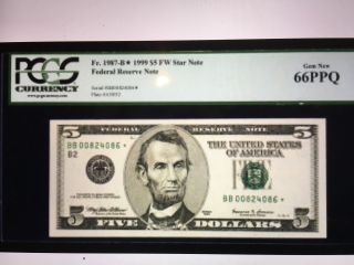 $5 Five Dollar 1999 Federal Reserve Star Note Pcgs Gem 66 Ppq photo