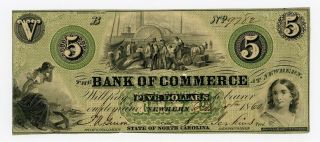 1860 $5 The Bank Of Commerce - Newbern,  North Carolina Note photo