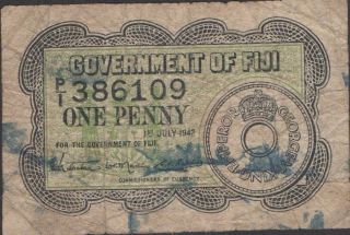 Fiji One Penny 1.  7.  1942,  Prefix P/1 Circulated Banknote photo