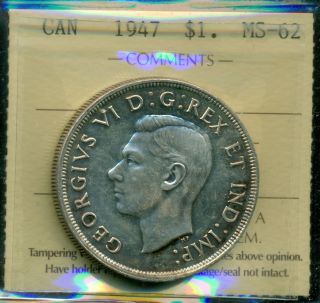 1947 Blunt 7 Canada King George Vi Silver Dollar,  Iccs Certified Ms - 62 photo