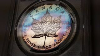 1989 Pcgs Ms67 Canada Silver Maple Leaf Rainbow Color Monster Toned - E9 - photo