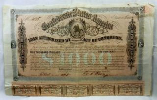 1864 Confederate States Of America $1000 Bond 6 First Series With Coupons photo