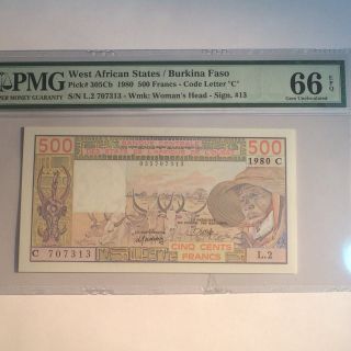 West African States / Burkina Faso 1980 500 Francs P305cb Pmg 66 Epq Nr photo