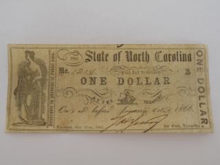 North Carolina County Bill Civil War Obsolete Paper Money Circulated One Dollar photo