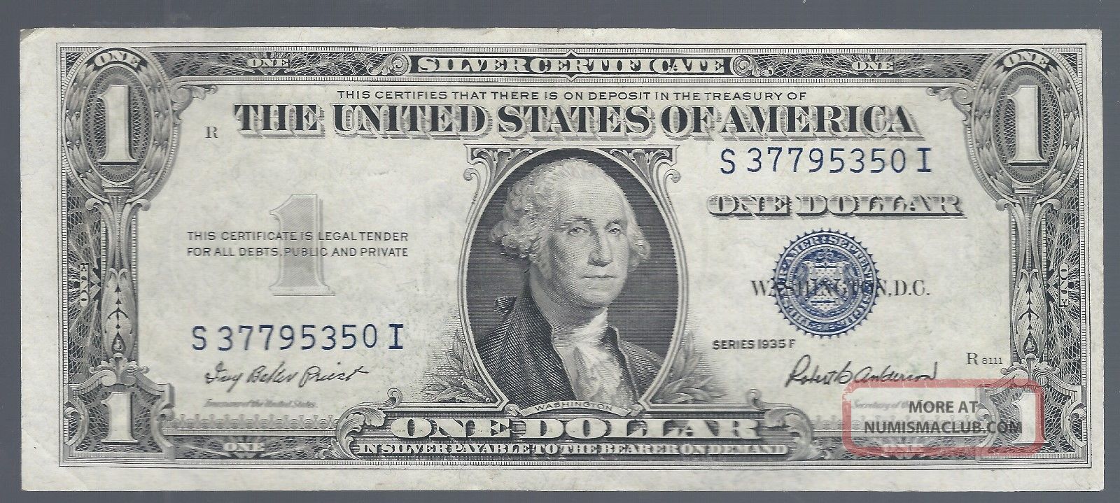 1935 F U.  S.  $1 Dollar Blue Seal Silver Certificate Note (crisp) Small Size Notes photo