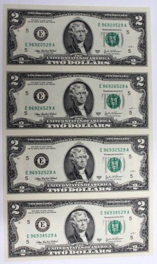 Uncut Sheet Of $2 Two Dollar Bills Us X4 Bills Fr.  1938 - F 2003a Great Gift photo