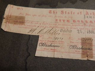Old 1861 Arkansas Confederate $5.  00 War Bond - Issued To James S.  Smith photo