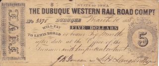 1858 Dubuque Iowa Western Rail Road Compy Five Dollars Voucher S H Langworthy photo