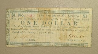 1862 Parish Of St.  Landry,  Louisiana $1 Obsolete Currency F photo