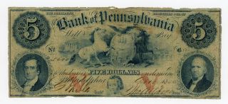 1856 $5 The Bank Of Pennsylvania Note photo