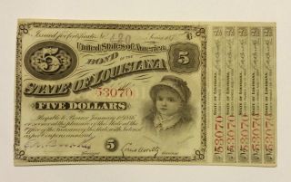 1886 5 Dollar State Of Louisiana Bond Note Certificate photo