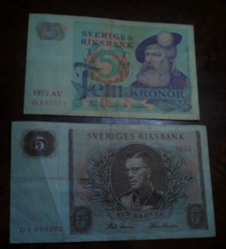 Sweden 1955 5 Kronor Banknote & 1973 5 Kronor Banknote Good Shape photo