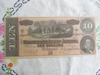 1864 T - 68 $10 Bill Confederate State Currency Note Civil War Money photo