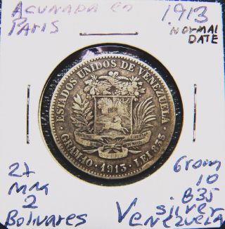 Venezuela Gram 10,  2 Bolivares 1913 Key - Date Scarse Coin Km Y - 23 photo