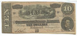 Csa 1864 Confederate Currency T68 $10 Note Horses Pull Cannon Caisson 17764 photo