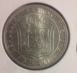 1928 Czechoslovakia 10 Silver Korun Uncirculated 10th Anniversary Commemortive photo