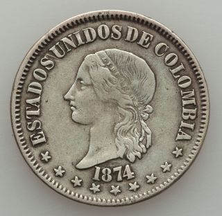 Colombia 1874 Silver 50 Centavos Coin Km 172.  2 photo